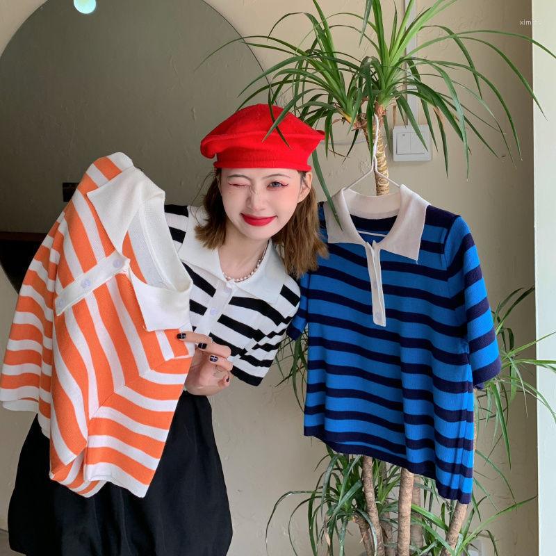 Women' T Shirts Woman Tshirts Polo Collar Stripes Short Sleeve Women Summer Loose High Waist Knitted Top Crop Mujer Camisetas, Black
Women' T Shirts Woman Tshirts Polo Collar Stripes Short Sleeve Women Summer Loose High Waist Knitted Top Crop Mujer Camisetas, Black