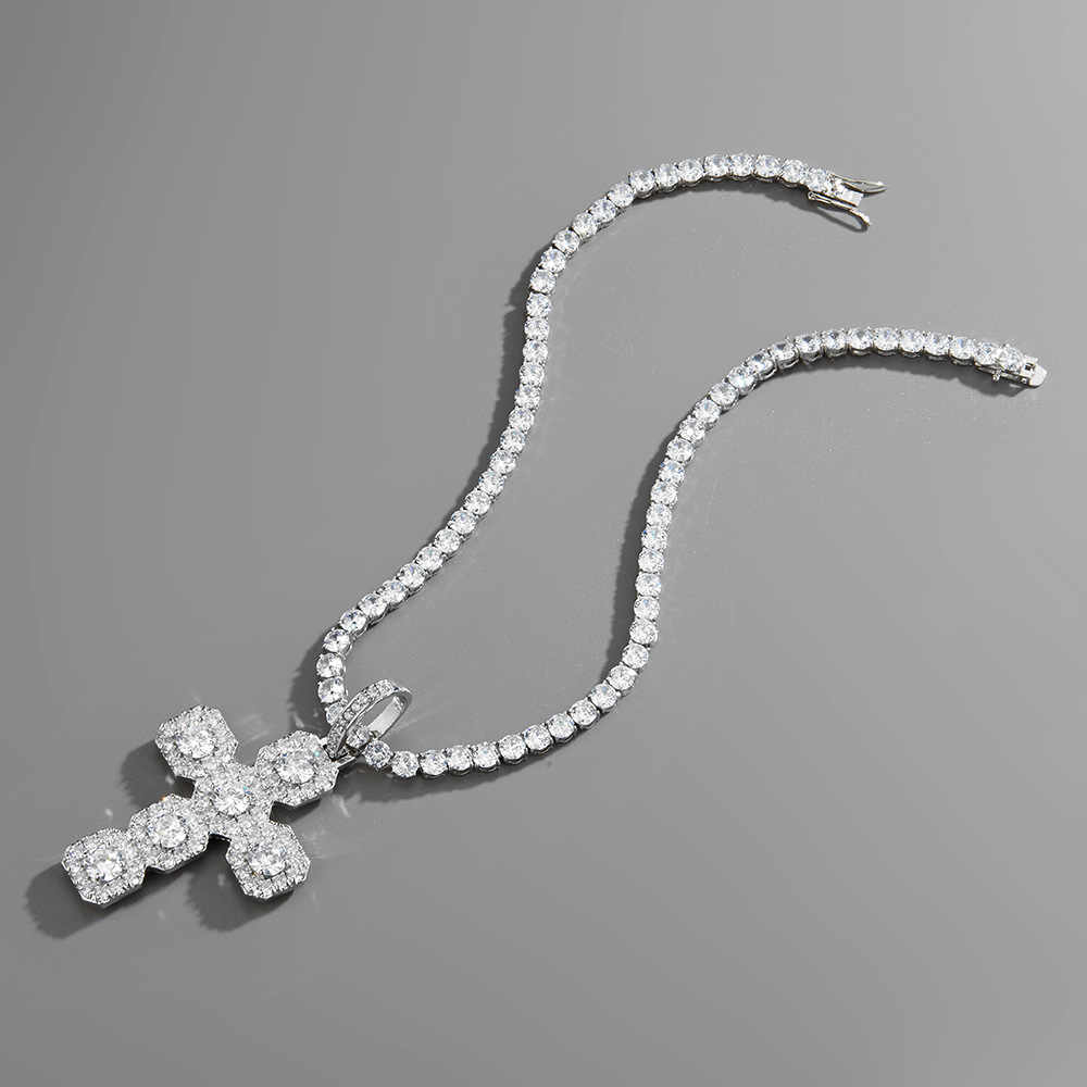 Clustered Cubic Zirconia Big Cross Pendant Necklace Real White Gold Plated Personalized Full Bling Diamond Charm Wolf Tide Hip Hop Rapper Jewelry Gift