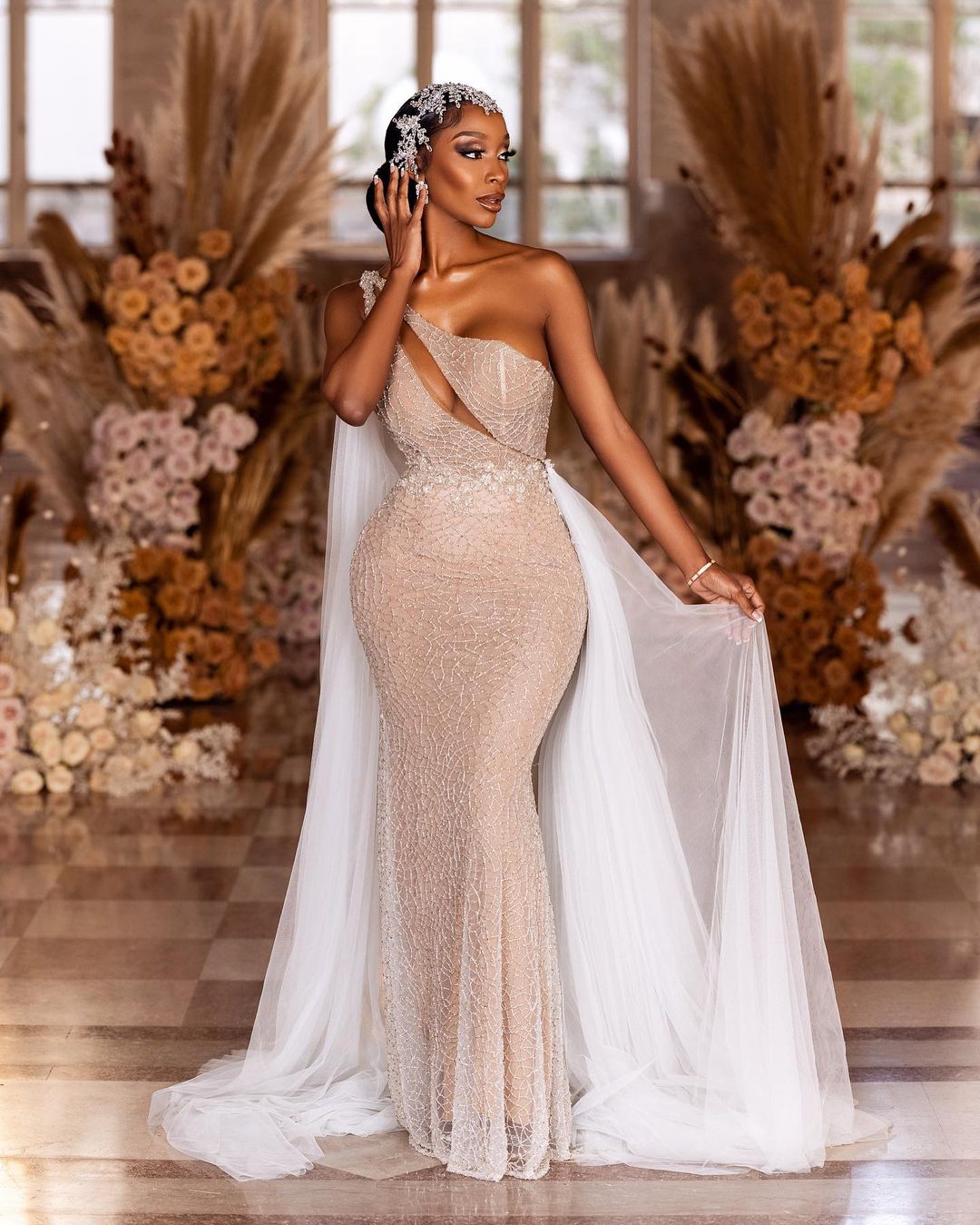 Mermaid Aso Ebi Wedding Dresses With Tulle Cloak Train One Shoulder Glitter Sequins Beaded Sexy Bridal Wedding Gown