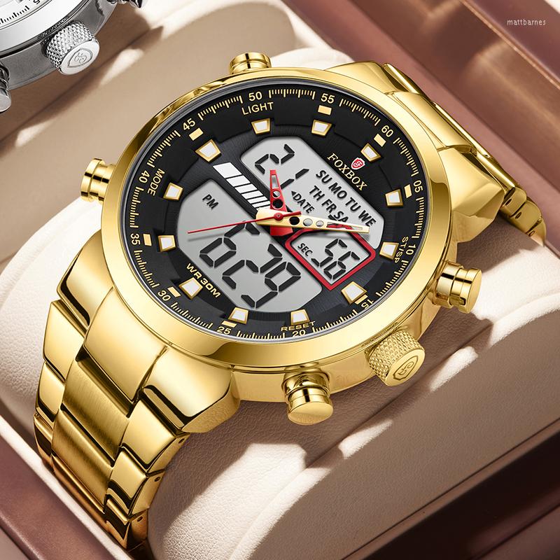 Wristwatches FOXBOX Luxury Gold Watch Men Stainless Steel Digital Sport Chronograph Quartz Wrist Dual Time Luminous Waterproof Clocl, All black
Wristwatches FOXBOX Luxury Gold Watch Men Stainless Steel Digital Sport Chronograph Quartz Wrist Dual Time Luminous Waterproof Clocl, All black
