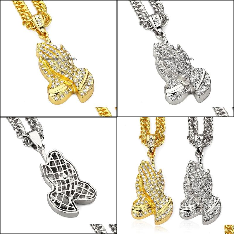 Pendant Necklaces Rock Hip Hop Jewelry Men Necklace Buddha Hands Pendant Mens Jewellery Hiphop Gold Sier Plated Chain Necklaces Cola Dhf1K