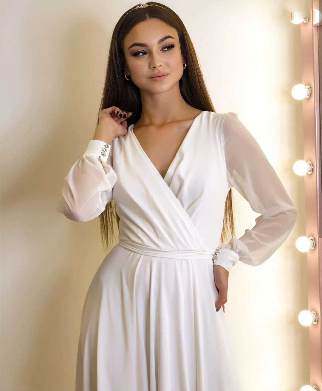 Wedding Dress V-Neck Long Sleeve Chiffon Side Slit Floor Length Simple Bridal Gowns Robe De Mariee Beach For Women White
