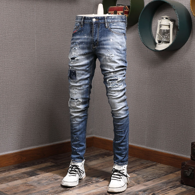 Man Motocycle Jeans Super Damage Dark Wash Blue Cowboy Patches Denim Cotton