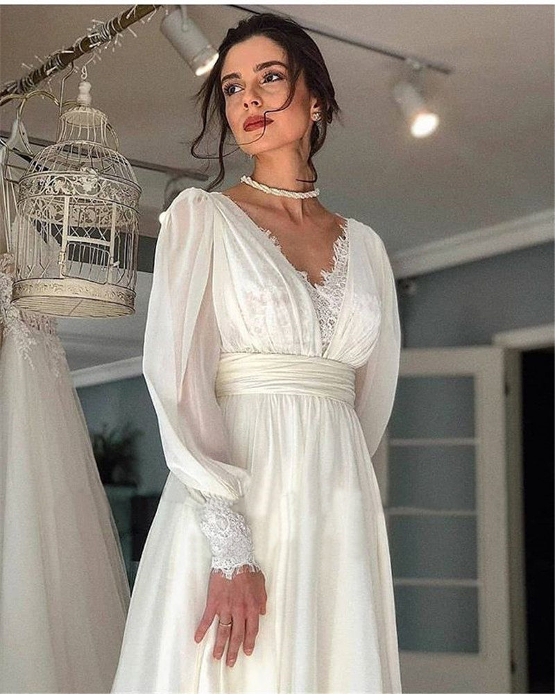 Vintage Lace Puff Long Sleeves Wedding Dresses Chiffon A e V Neck Bride Gowns or Length Elegant Bridal Dress
