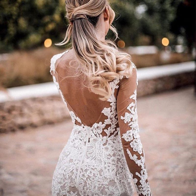 Sexy Illusion Sweetheart Lace Applique Mermaid Wedding Dresses Long Sleeves Bridal Gowns Open Back Formal White Wedding Bri