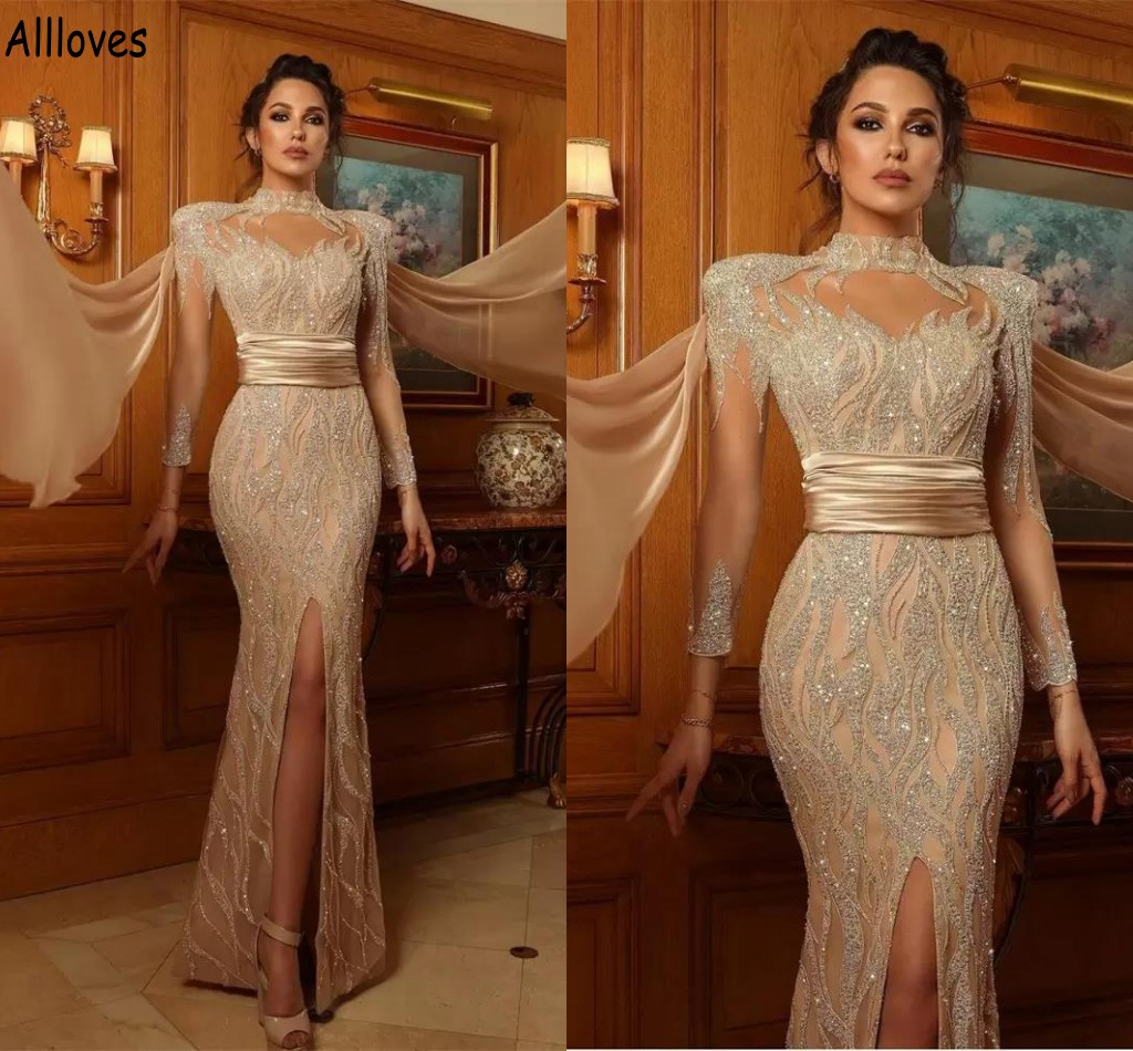 Champagne Long Sleeves Mermaid Prom Dresses Luxury Crystals Sequined High Collar Formal Pageant Evening Gowns Sexy Split With Long Wraps Vestidos De Festa CL1355, Brown
Champagne Long Sleeves Mermaid Prom Dresses Luxury Crystals Sequined High Collar Formal Pageant Evening Gowns Sexy Split With Long Wraps Vestidos De Festa CL1355, Brown