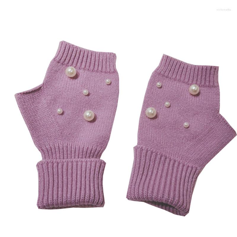Five Fingers Gloves Girls Knitted Pearls Cute Accessories