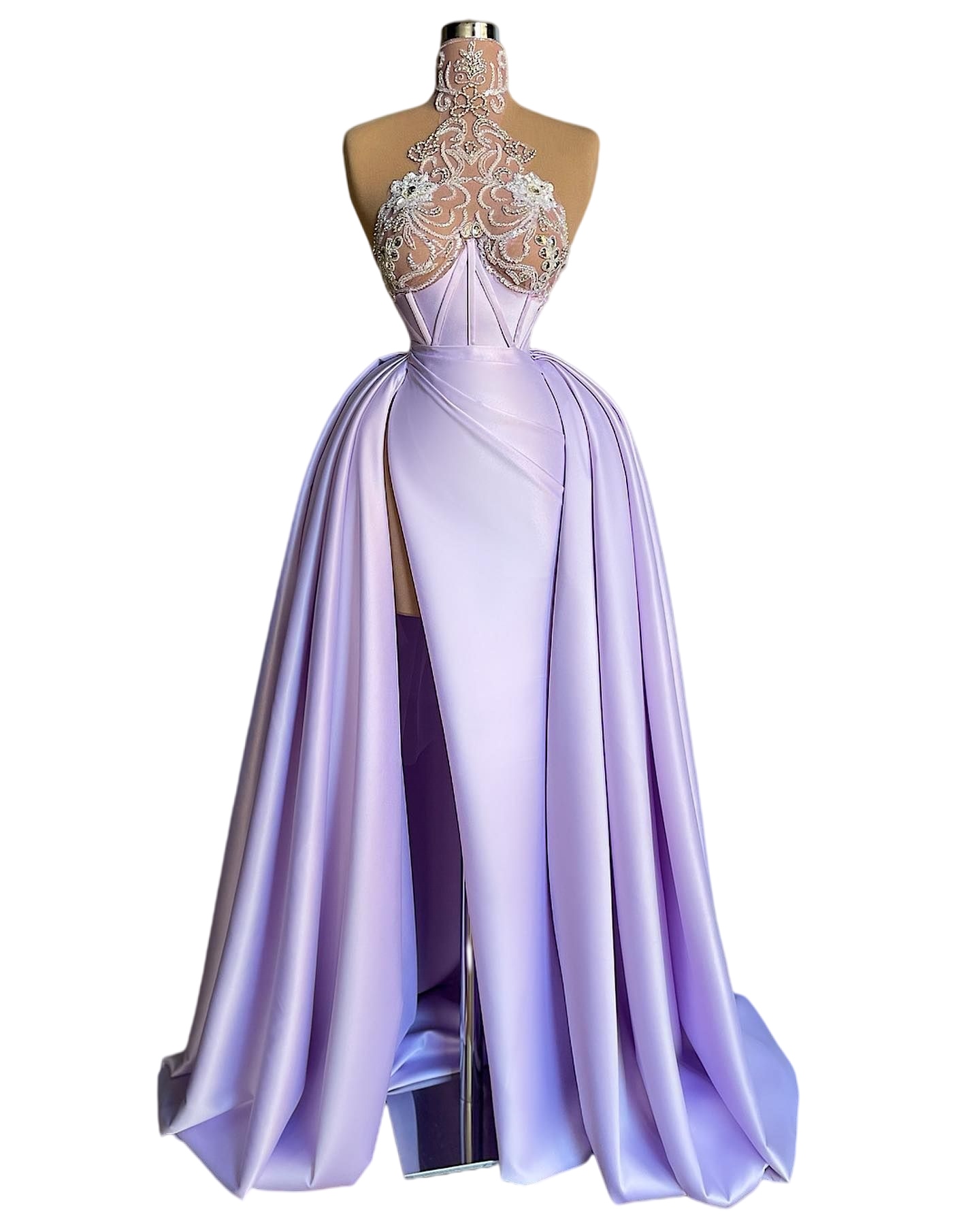 Lilac lavender High Neck Prom Dresses Beaded Ruffles Overskirt Satin Crystal High Split Evening Gown Formal Occasion Wear
