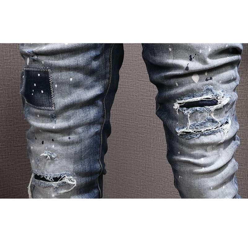 Man Motocycle Jeans Super Damage Dark Wash Blue Cowboy Patches Denim Cotton