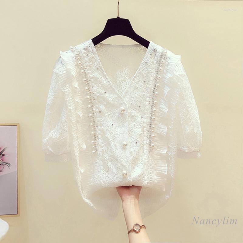 Women' Blouses Beaded Sweet Hollow Out Lace Shirt Women V-neck Short Sleeve Blouse 2022 Summer Design Loose Top Blusas Mujer, Pink
Women' Blouses Beaded Sweet Hollow Out Lace Shirt Women V-neck Short Sleeve Blouse 2022 Summer Design Loose Top Blusas Mujer, Pink