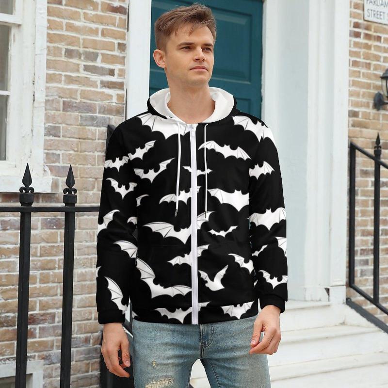 Men' Hoodies White Bat Hoodie Flying Bats Art Full Print Men Winter Zip Up Oversized, Style-9