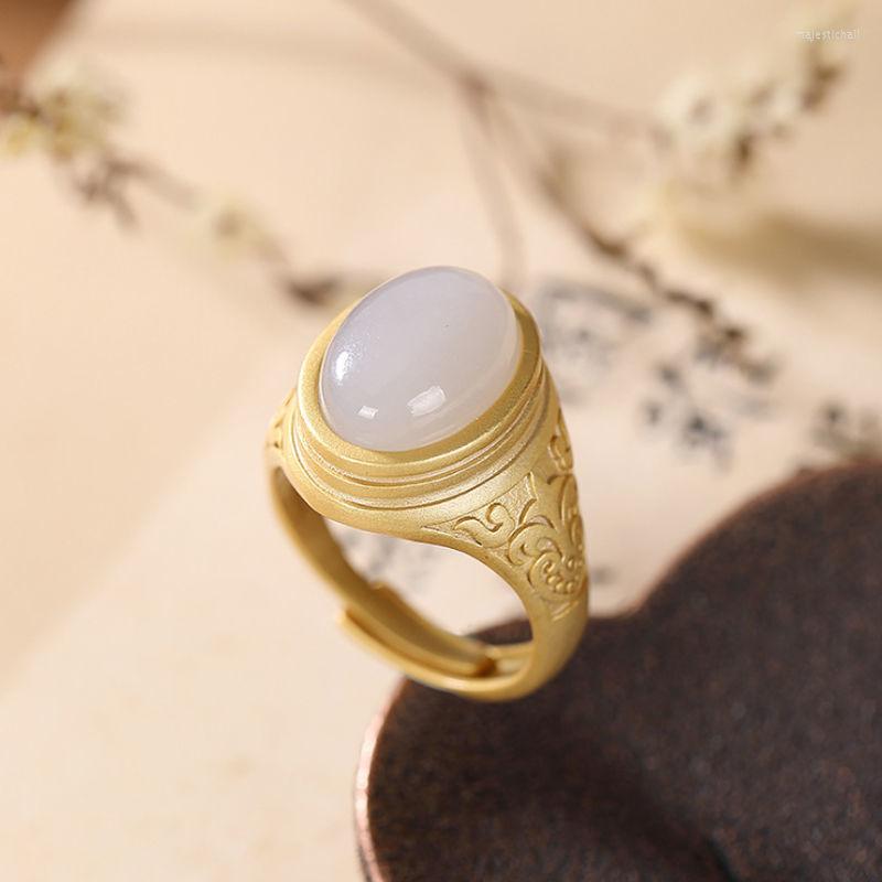 

Cluster Rings Ancient Gold Craftsmanship Inlaid Natural Hetian White Jade Oval Opening Adjustable Ring Chinese Style Charming Ladies Jewelry