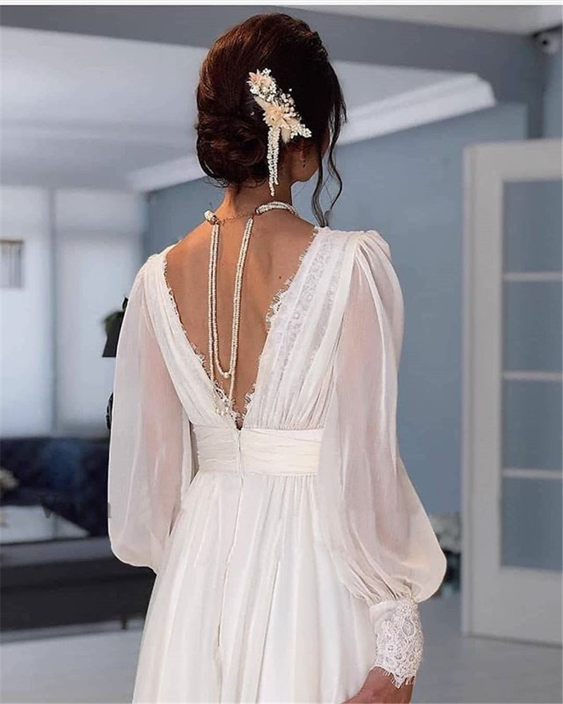 Vintage Lace Puff Long Sleeves Wedding Dresses Chiffon A e V Neck Bride Gowns or Length Elegant Bridal Dress