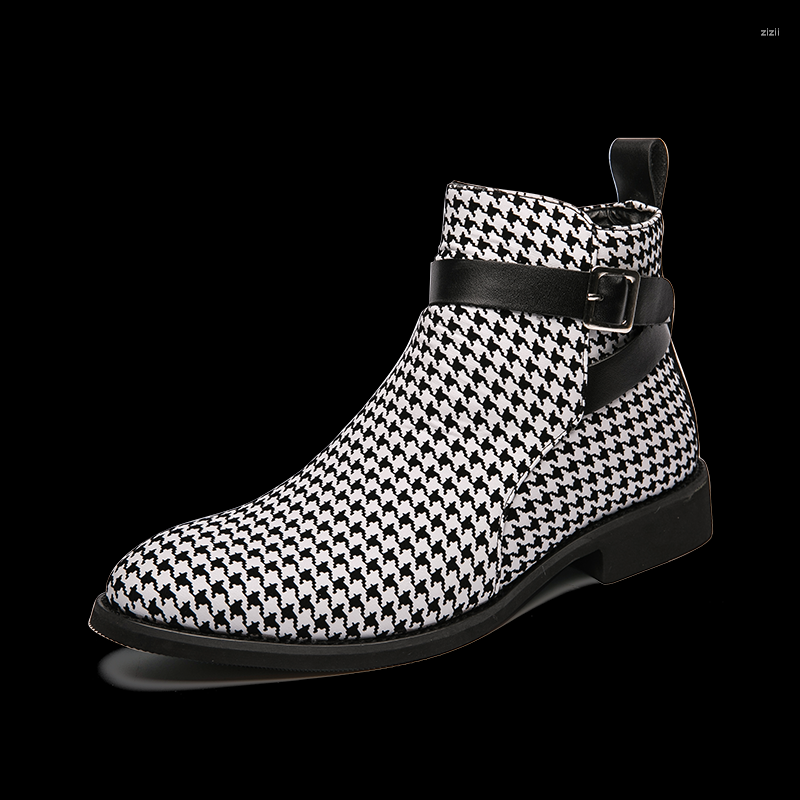 Boots Men Ankle Houndstooth Dress Shoes Business Leather Buckle Strap Flat Pointed Toe Male Casual Nightclub Party, Black white
Boots Men Ankle Houndstooth Dress Shoes Business Leather Buckle Strap Flat Pointed Toe Male Casual Nightclub Party, Black white