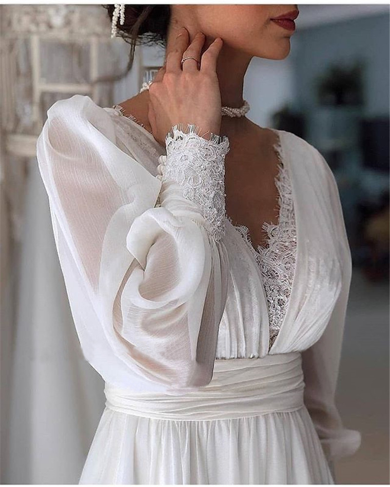 Vintage Lace Puff Long Sleeves Wedding Dresses Chiffon A e V Neck Bride Gowns or Length Elegant Bridal Dress