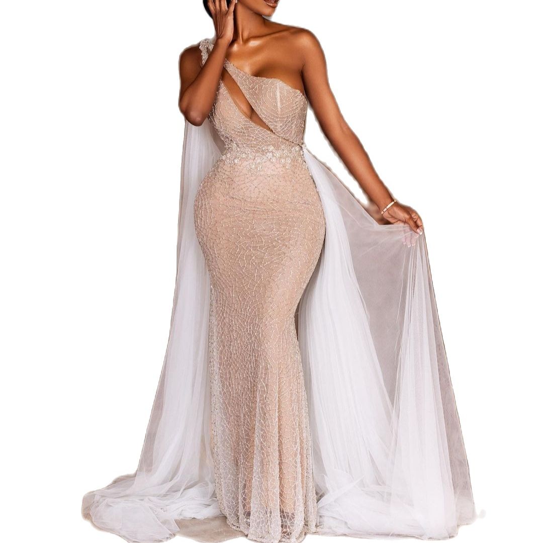 Mermaid Aso Ebi Wedding Dresses With Tulle Cloak Train One Shoulder Glitter Sequins Beaded Sexy Bridal Wedding Gown