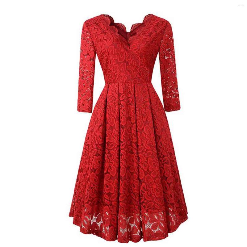 Casual Dresses Formal Wedding Bridesmaid Lace Floral Dress Elegant Deep V-Neck Long Sleeved Party Porm VIntage A-line Tunic, Red 
Casual Dresses Formal Wedding Bridesmaid Lace Floral Dress Elegant Deep V-Neck Long Sleeved Party Porm VIntage A-line Tunic, Red
