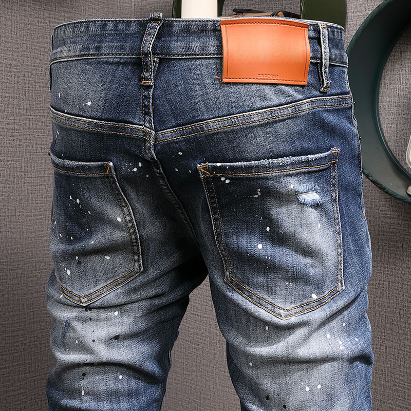 Man Motocycle Jeans Super Damage Dark Wash Blue Cowboy Patches Denim Cotton