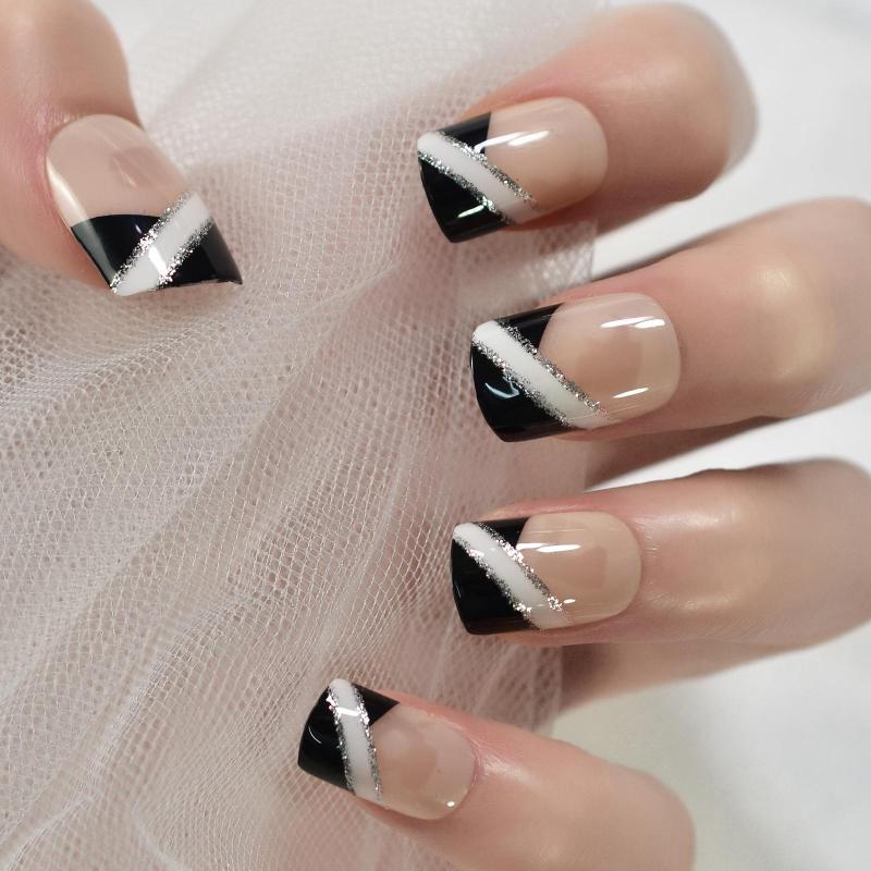 False Nails Black Natural Nude White Line Glitter French Medium Squoval Glossy Press On Salon Manicure DIY Fake Nail Tips, L5814
False Nails Black Natural Nude White Line Glitter French Medium Squoval Glossy Press On Salon Manicure DIY Fake Nail Tips, L5814