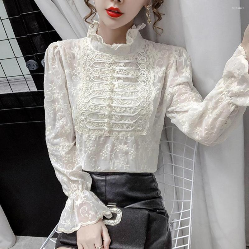 Women' Blouses Lace Blusas Women Pearls Sexy Office Chiffon Blouse Flare Long Sleeved Ruffles Collar Transparent Female, White
Women' Blouses Lace Blusas Women Pearls Sexy Office Chiffon Blouse Flare Long Sleeved Ruffles Collar Transparent Female, White