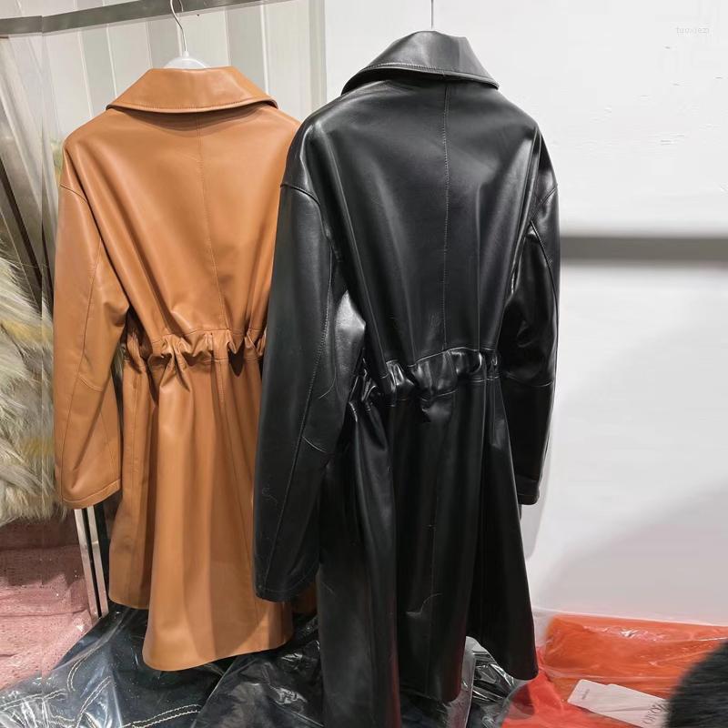 Women' Leather Autumn Real Windbreak Ladies Long Lambskin Coat, Black