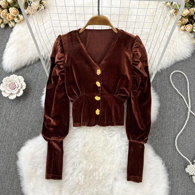 Women's Polos Autumn And Winter Retro Chemise Femme Temperament Bubble Long Sleeve Single Breasted Waist Slim Velvet Shirt Women Short
Women's Polos Autumn And Winter Retro Chemise Femme Temperament Bubble Long Sleeve Single Breasted Waist Slim Velvet Shirt Women Short