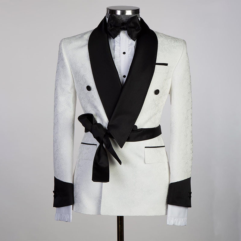 Ivory Floral Pattern Wedding Tuxedos Shawl Lapel Mens Trousers Suits Handsome Men Prom Party Formal Outfit 2 Pieces