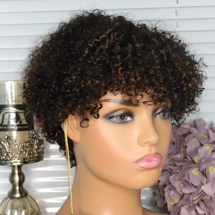 Short Pixie Curls Human Hair Ladies Wigs Afro kinki curly jerry curl for Black Womens full Machine Made Natural Color Glueless Wigs Human Hair