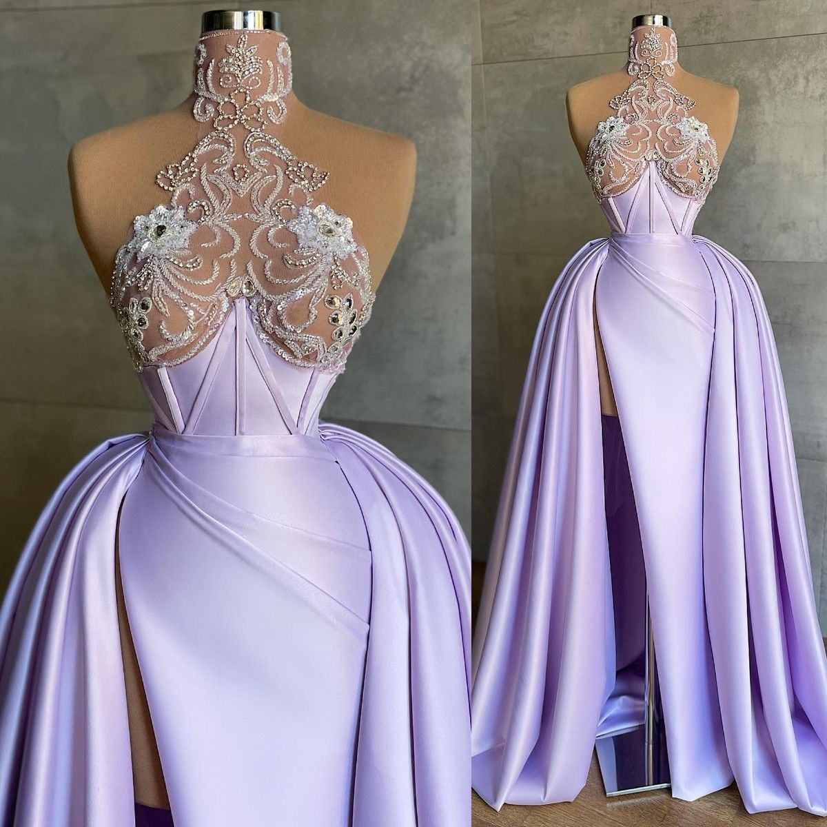 Lilac lavender High Neck Prom Dresses Beaded Ruffles Overskirt Satin Crystal High Split Evening Gown Formal Occasion Wear