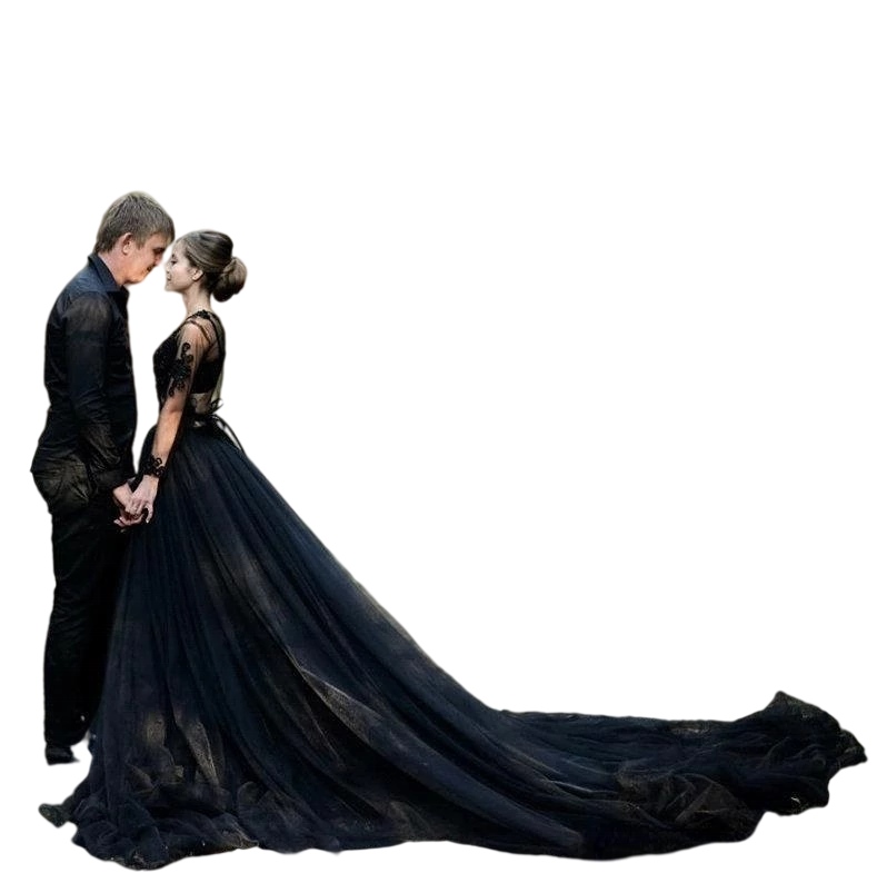 Black Gothic Country A-line Wedding Dresses with Long Sleeve V-neck Lace Applique Cathedral Train Sheer Back Boho Bridal Dress