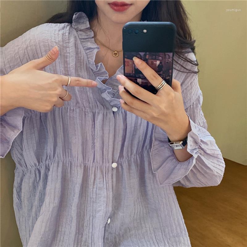 Women' Blouses Women Blouse Loose V-neck Ruffle Women' Long-Sleeved Top Blusas Mujer De Moda, Purple