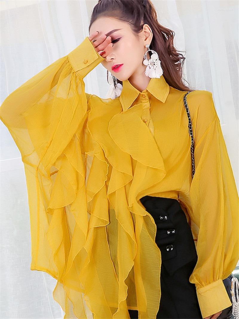 Women' Blouses Fashion Layered Ruffles Chiffon Shirt Long Lantern Sleeve Yellow Black Chic Blouse Oversized Loose Blusa Irregular Tops
Women' Blouses Fashion Layered Ruffles Chiffon Shirt Long Lantern Sleeve Yellow Black Chic Blouse Oversized Loose Blusa Irregular Tops