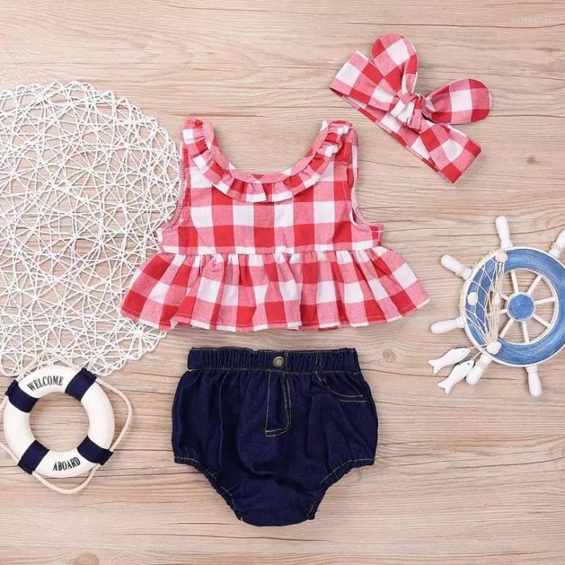 

Clothing Sets 2022 Summer Baby Girl Set Plaid Skirted T-shirt Tops Denim Short Bloomers Headband Clothes Born Outfits, Red