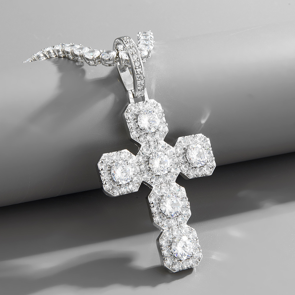 Clustered Cubic Zirconia Big Cross Pendant Necklace Real White Gold Plated Personalized Full Bling Diamond Charm Wolf Tide Hip Hop Rapper Jewelry Gift