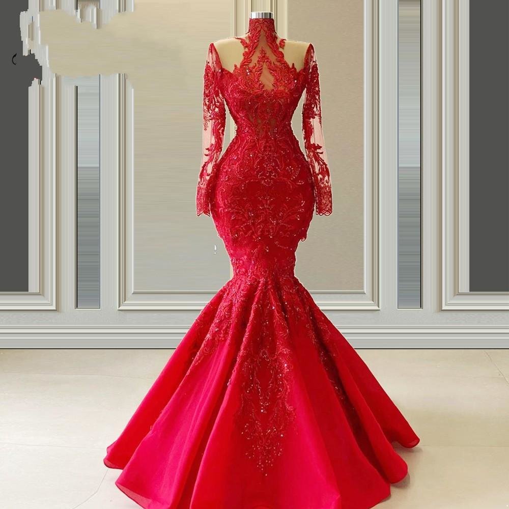 Red Urious Lace Dresses Evening Wear Women Mermaid Prom Dress Illusion Long Sleeve High Collar Beaded Pageant Mother Of The Bride Party