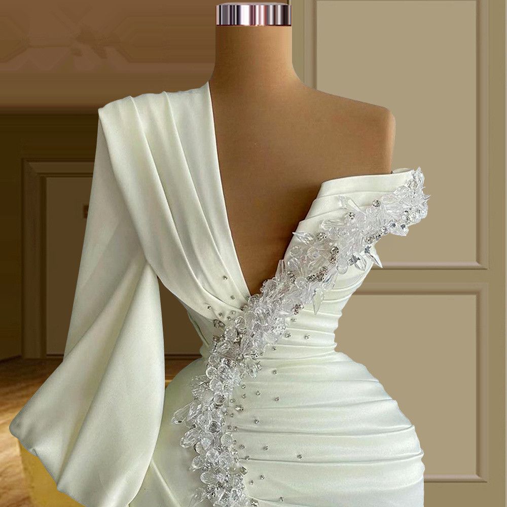 One Shoulder Mermaid Prom Dresses 2023 mint green stain long sleeve Crystals Ruched Front Split arabic Evening Dress