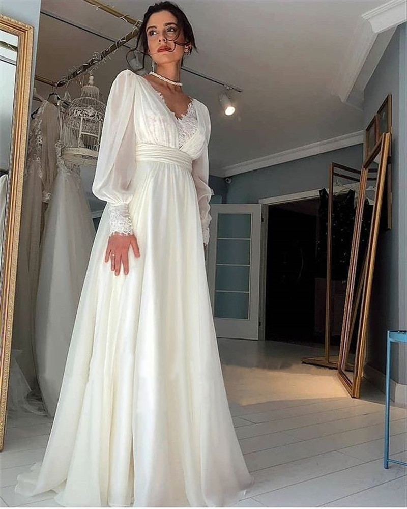 Vintage Lace Puff Long Sleeves Wedding Dresses Chiffon A e V Neck Bride Gowns or Length Elegant Bridal Dress