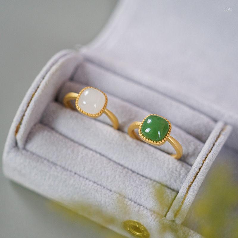 Cluster Rings Creative Design Silver Inlaid Square Natural Hetian White Jade For Women Adjustable Glamour Party Jewelry Gift