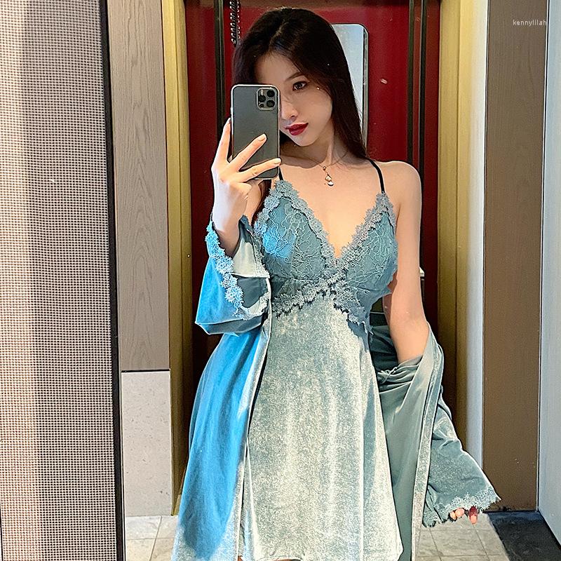 Women's Sleepwear Autumn Women Velour Kimono Robe 2PCS Lace Floral Trim Bathrobe Lady Lingerie Dressing Gown Sexy Sling Dress Nightgown, White 1
Women's Sleepwear Autumn Women Velour Kimono Robe 2PCS Lace Floral Trim Bathrobe Lady Lingerie Dressing Gown Sexy Sling Dress Nightgown, White 1