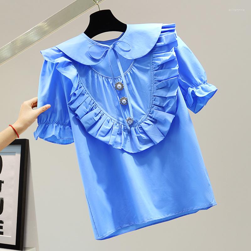 Women' Blouses 2022 Summer Shirt Tops Women Blouse Loose Solid Color Casual Shirts With Diamond Buttons Ruffled Short Sleeves Femme, Blue
Women' Blouses 2022 Summer Shirt Tops Women Blouse Loose Solid Color Casual Shirts With Diamond Buttons Ruffled Short Sleeves Femme, Blue