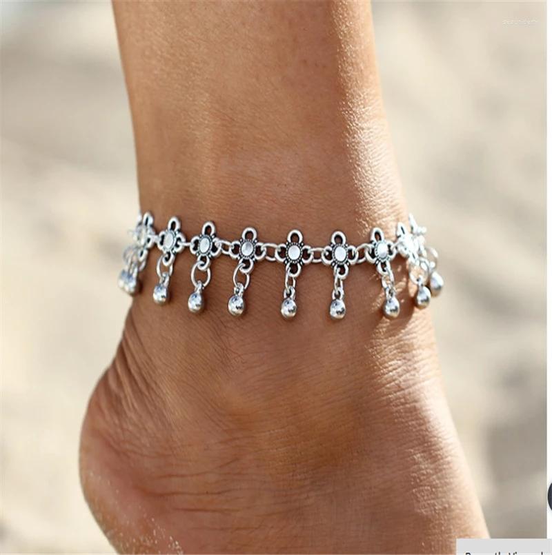 

Anklets 1PC Boho Vintage Silver Color Metal Ankle Bracelet Foot Jewelry Summer Beach Barefoot Sandals Bells Tassel Leg Anklet Women