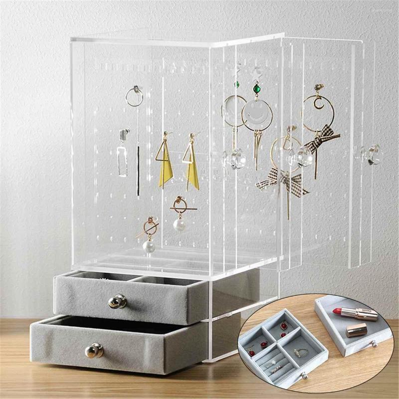 Jewelry Pouches Multi-Layer Acrylic Box Clear Display Rack Casket Earrings Ring Boxes Organizer Gift With 2 Drawers