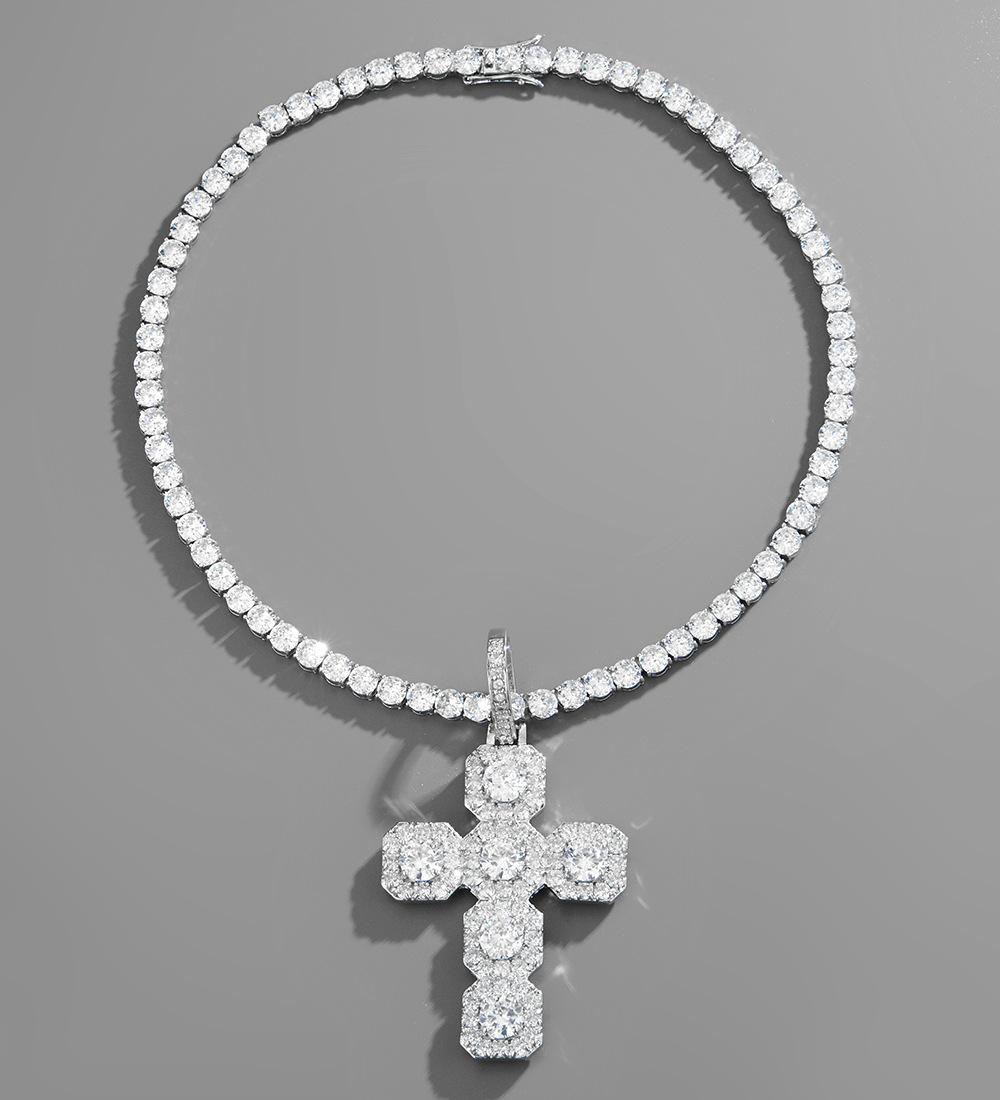 Clustered Cubic Zirconia Big Cross Pendant Necklace Real White Gold Plated Personalized Full Bling Diamond Charm Wolf Tide Hip Hop Rapper Jewelry Gift