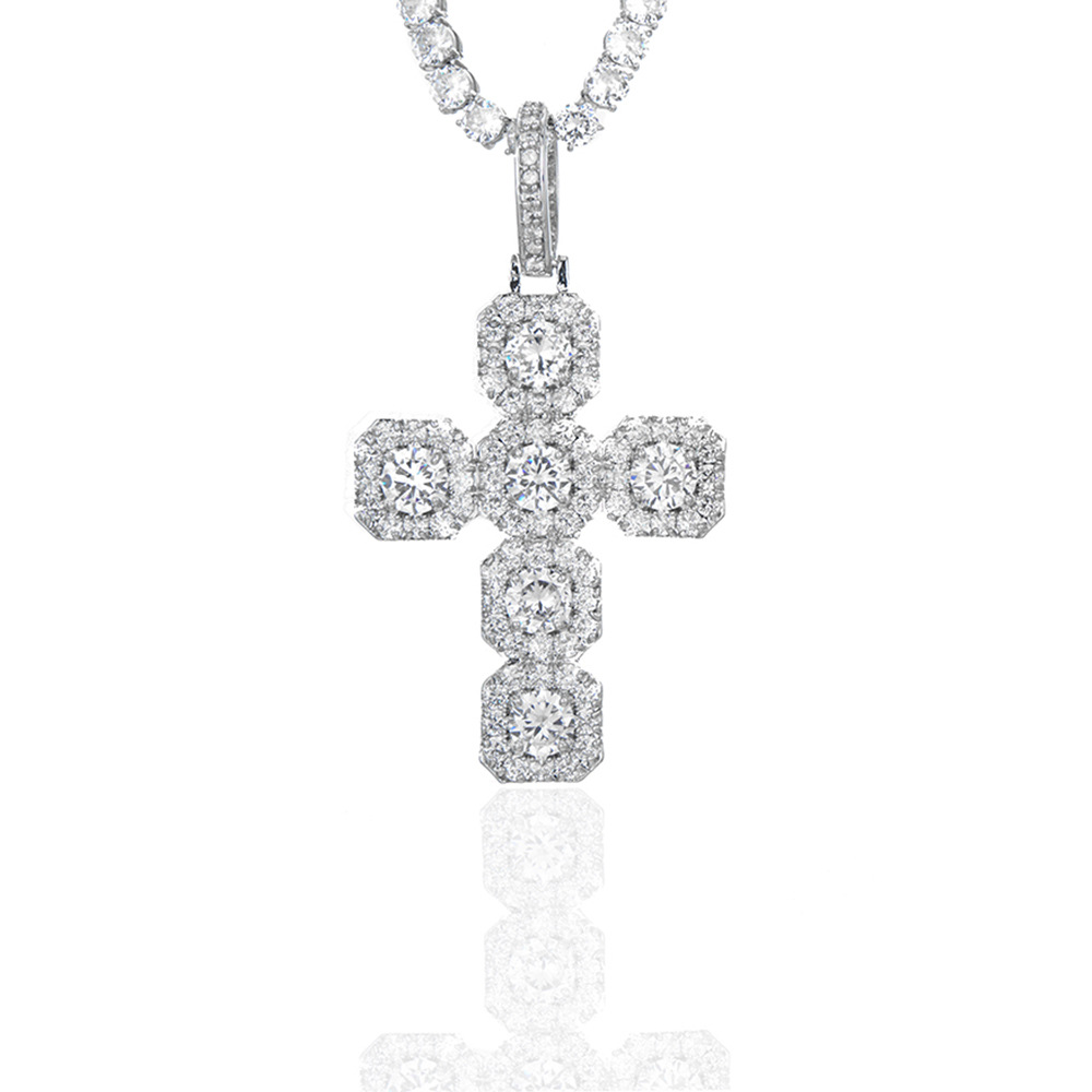 Clustered Cubic Zirconia Big Cross Pendant Necklace Real White Gold Plated Personalized Full Bling Diamond Charm Wolf Tide Hip Hop Rapper Jewelry Gift