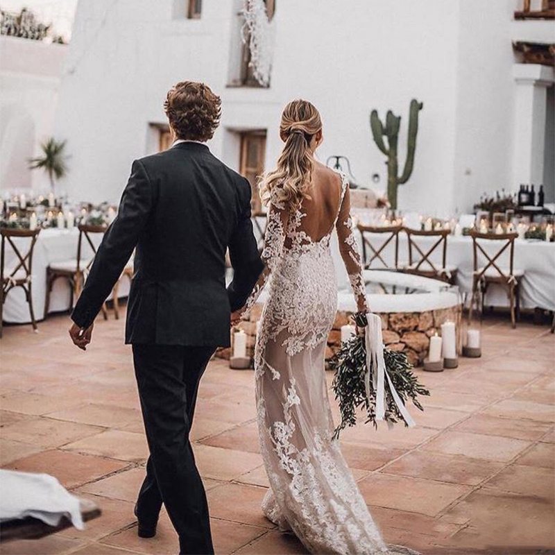Sexy Illusion Sweetheart Lace Applique Mermaid Wedding Dresses Long Sleeves Bridal Gowns Open Back Formal White Wedding Bri