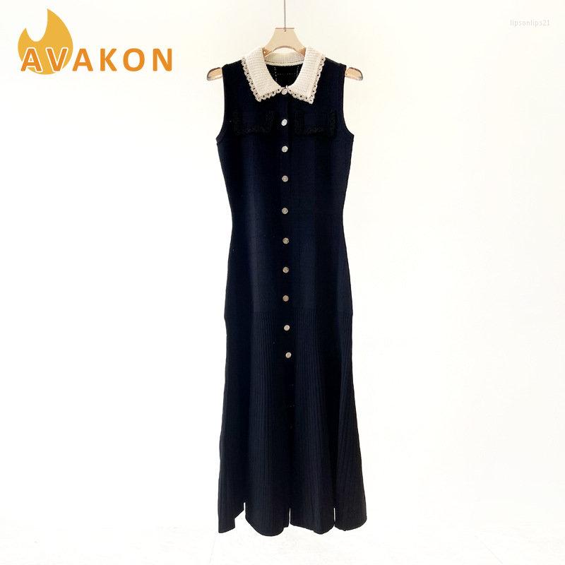 Casual Dresses Solid Black Woman' Knit Dress 2022 Early Autumn Vintage Knitwear Sleeveless Sheath With Beige Lacy Turn-down Collar
Casual Dresses Solid Black Woman' Knit Dress 2022 Early Autumn Vintage Knitwear Sleeveless Sheath With Beige Lacy Turn-down Collar