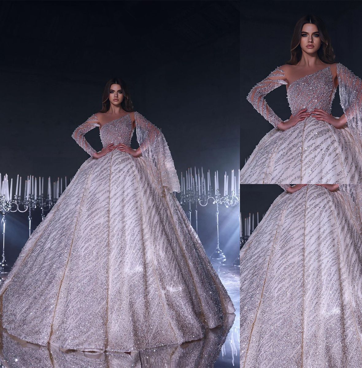 Glitter Sparkle Wedding Dress Sheer Neck Sequined Lace Bridal Gowns Beaded Princess Robe de mariee