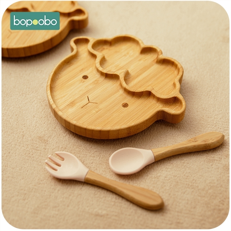 Cups Dishes Utensils 1set Baby Feeding Bowl Dinner Plate Cartoon Sheep Bamboo Kids Dinnerware With Silicone Suction Cup Wooden Fork Spoo 221104
