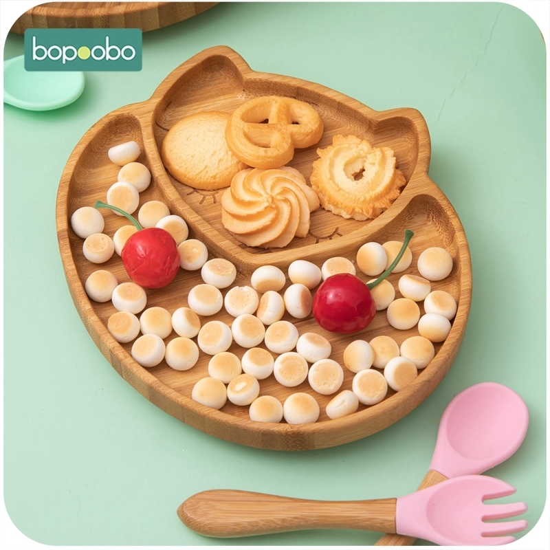 Cups Dishes Utensils 1set Baby Feeding Bowl Dinner Plate Cartoon Sheep Bamboo Kids Dinnerware With Silicone Suction Cup Wooden Fork Spoo 221104