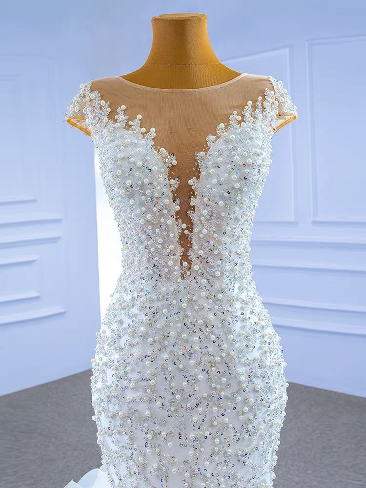 2023 African beaded Mermaid Wedding Gowns Beaded Embroidery sequined Lace Wed Dresses Sweep Train Organza Bridal Gown Formal Robes De Marie